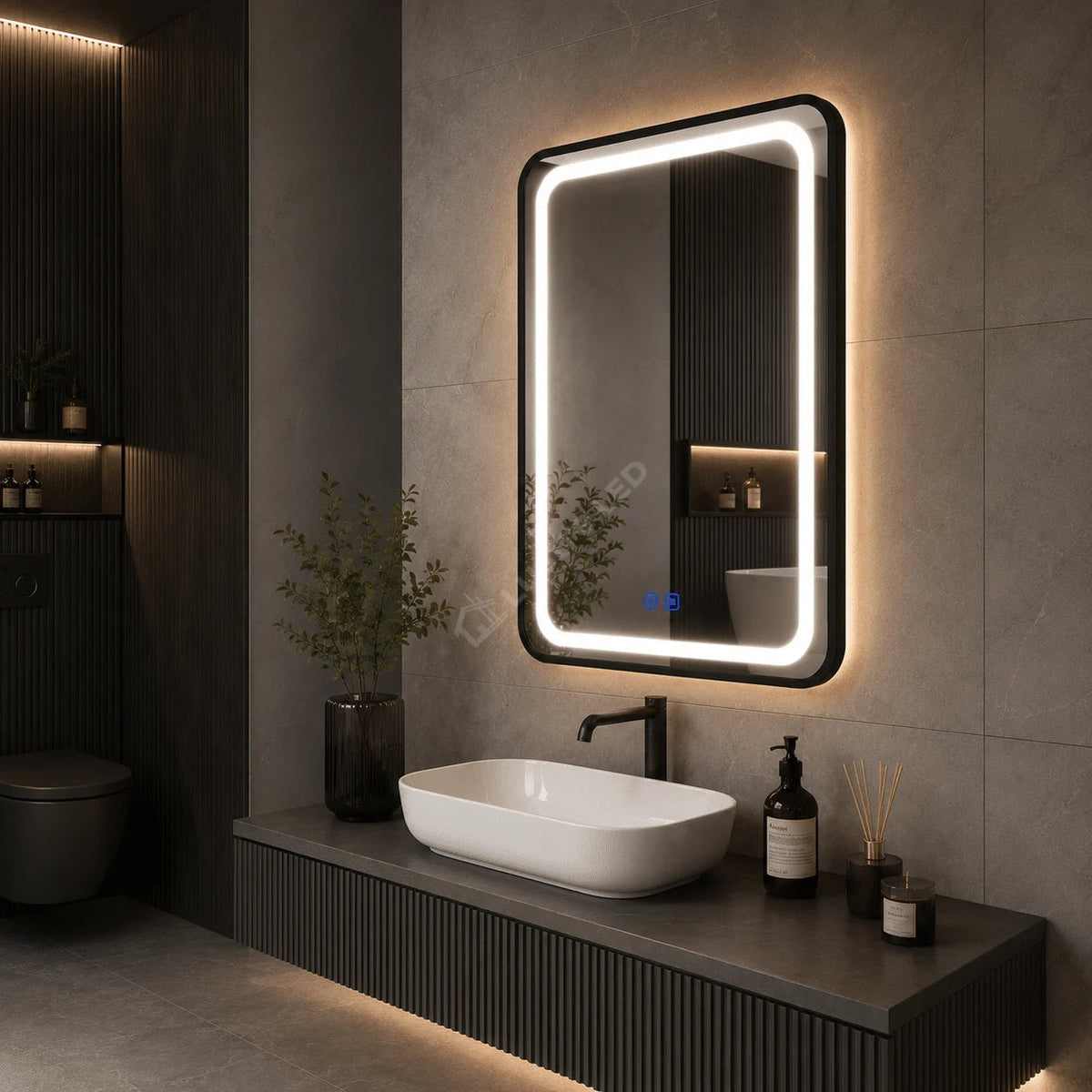 Oglinda LED Torno Rectangle Black 3 Lumini Dezaburire si Touch