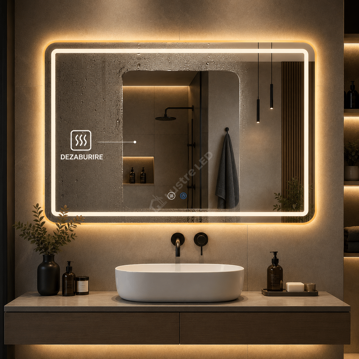 Oglinda LED Tron Rectangle Gold 150x80CM 3 Lumini Dezaburire si Touch
