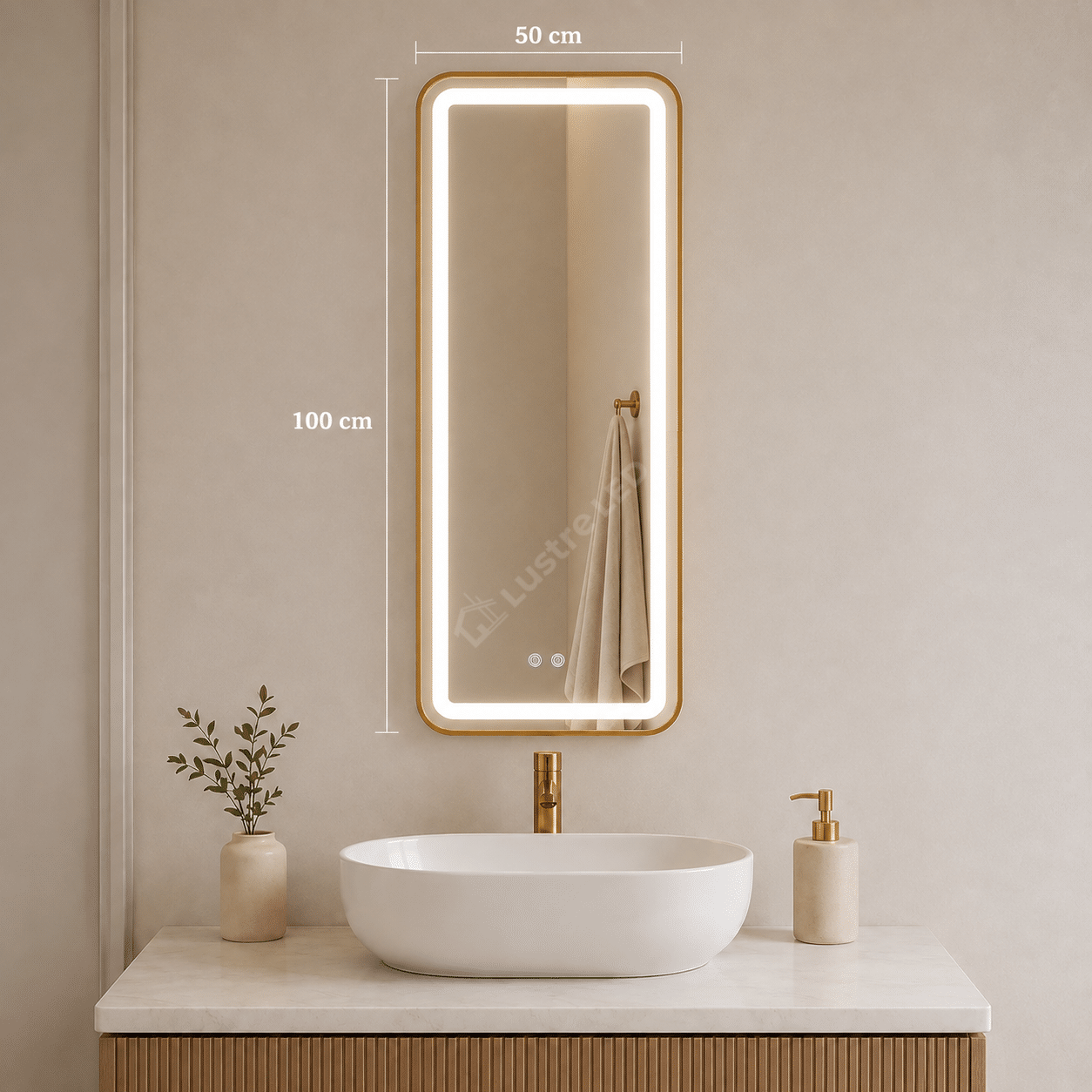 Oglinda LED Tron Rectangle Gold 50x100CM 3 Lumini Dezaburire si Touch
