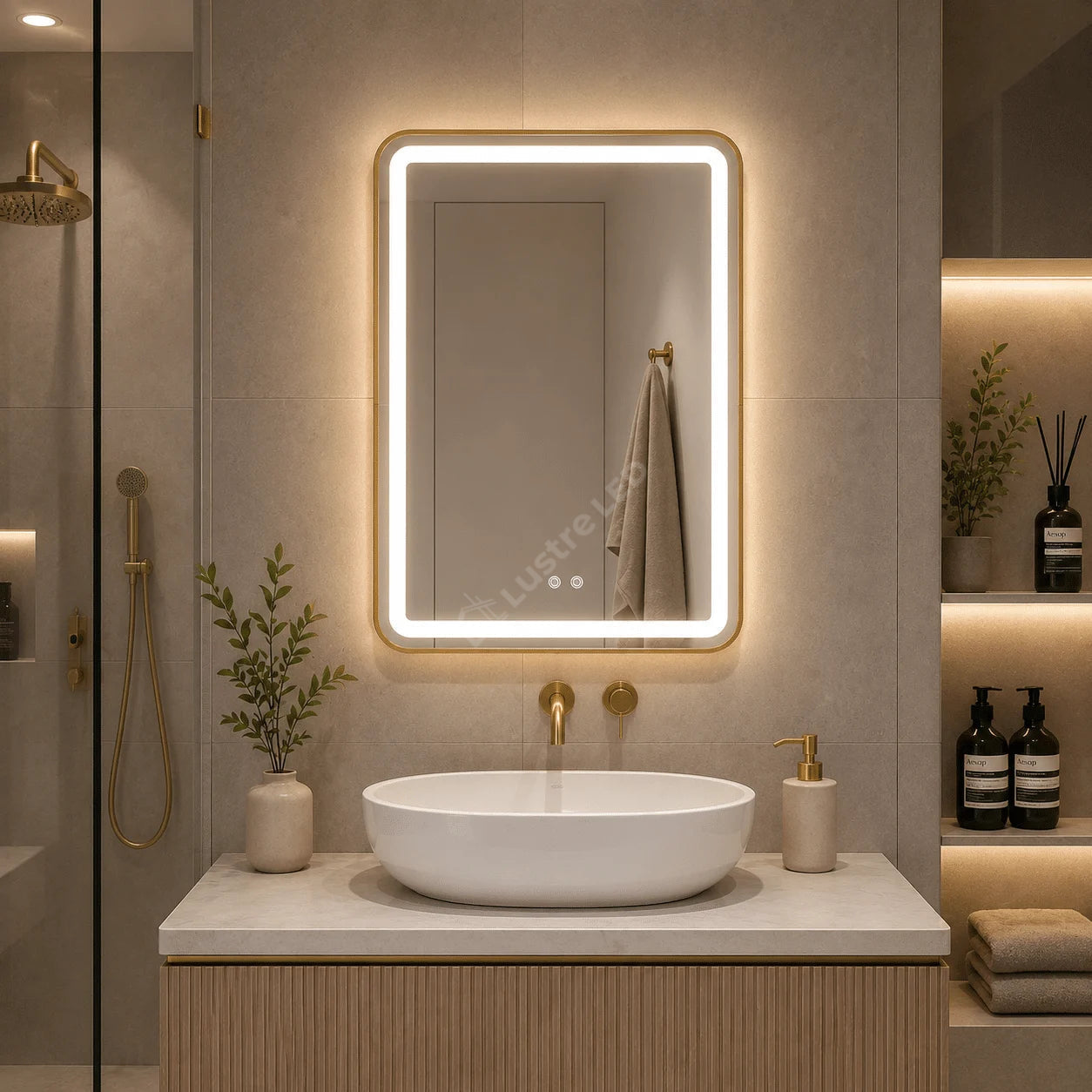 Oglinda LED Tron Rectangle Gold 60x80CM 3 Lumini Dezaburire si Touch