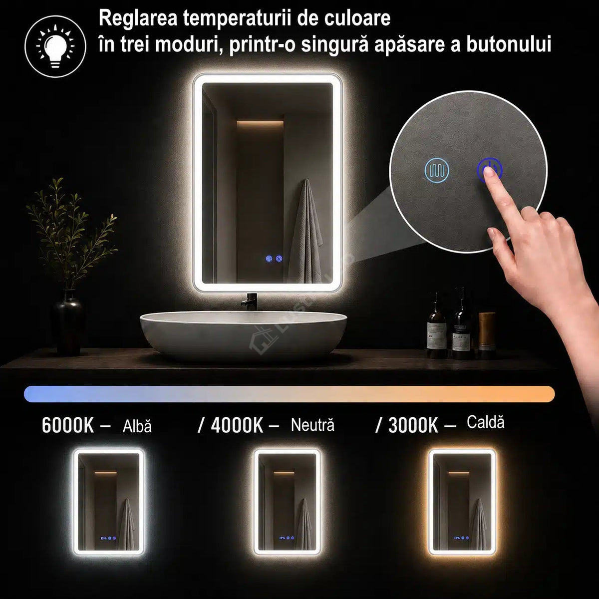 Oglinda LED Tron Rectangle Gold 60x80CM 3 Lumini Dezaburire si Touch