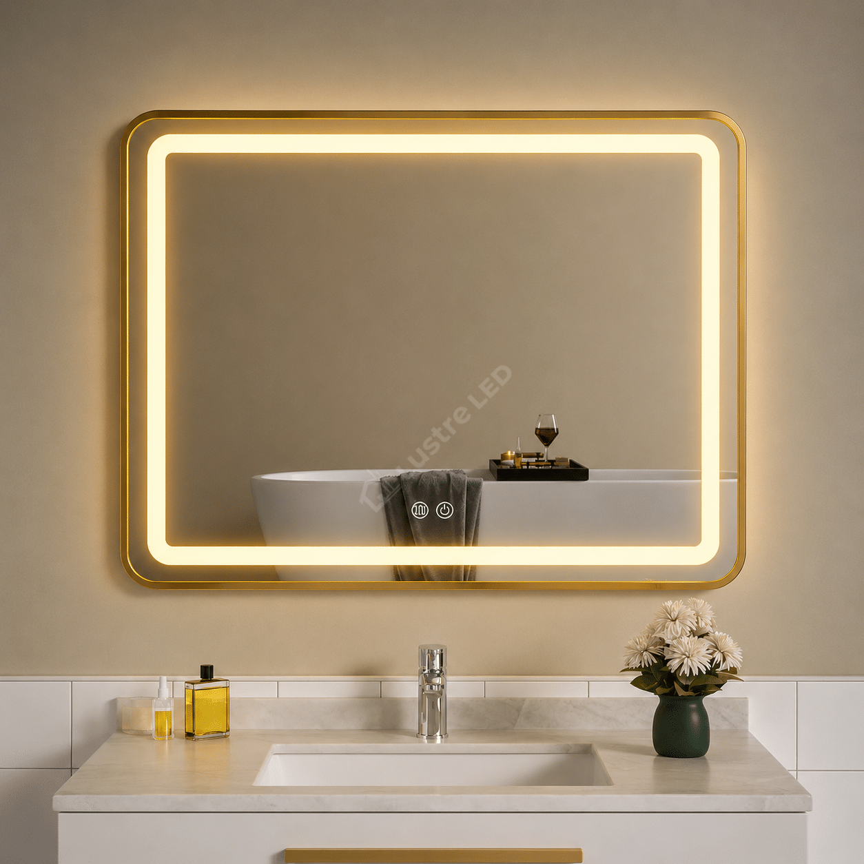 Oglinda LED Tron Rectangle Gold 80x60CM 3 Lumini Dezaburire si Touch