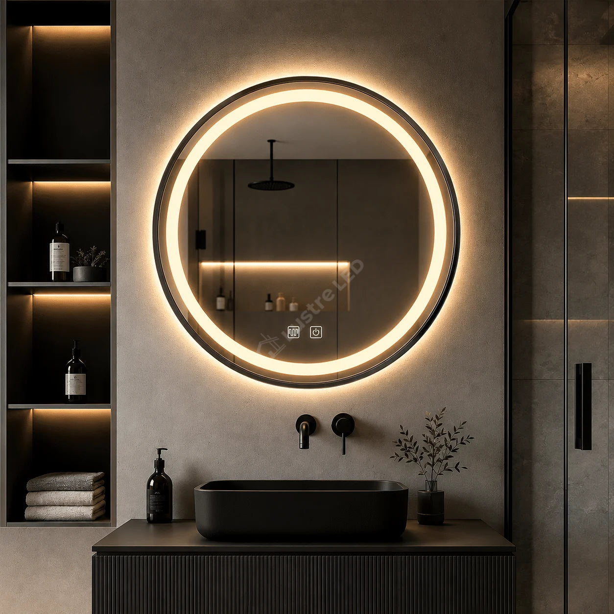 Oglinda LED Wesley Round Black 3 Lumini Dezaburire si Touch