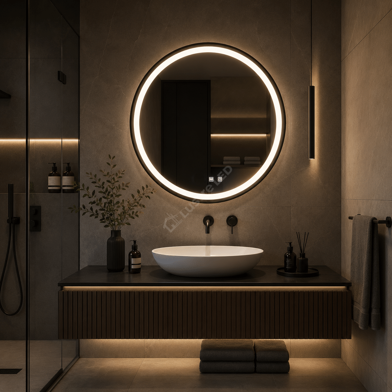 Oglinda LED Wesley Round Black 3 Lumini Dezaburire si Touch