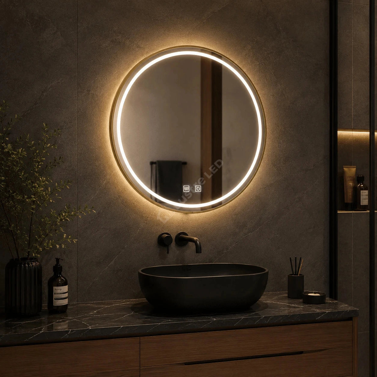 Oglinda LED Wesley Round Gold 3 Lumini Dezaburire si Touch