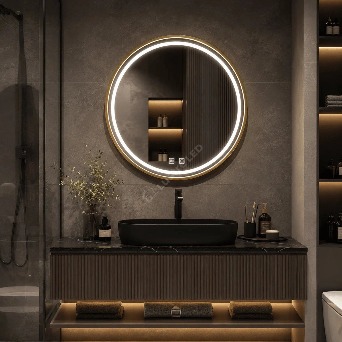 Oglinda LED Wesley Round Gold 3 Lumini Dezaburire si Touch