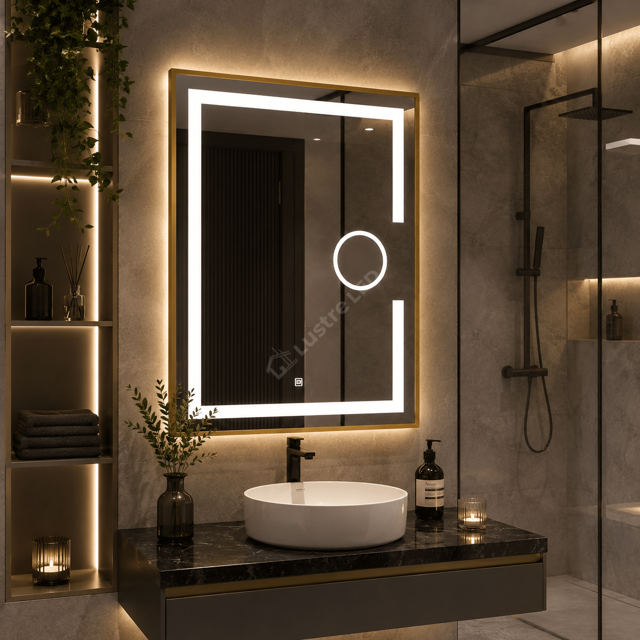 Oglinda LED Zygo Rectangle Gold 60x80CM 3 Lumini Dezaburire Lupa Cosmetica si Touch