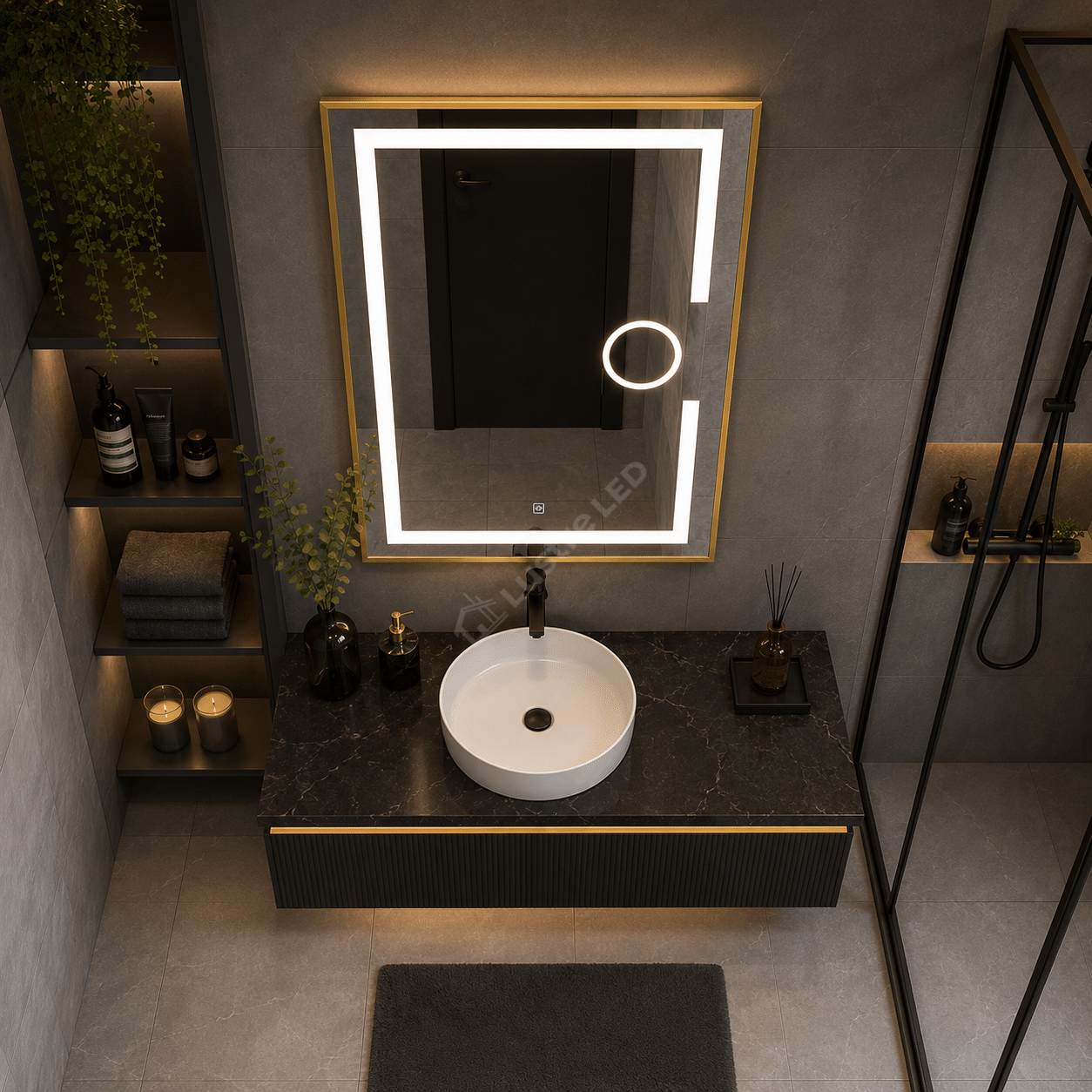 Oglinda LED Zygo Rectangle Gold 60x80CM 3 Lumini Dezaburire Lupa Cosmetica si Touch