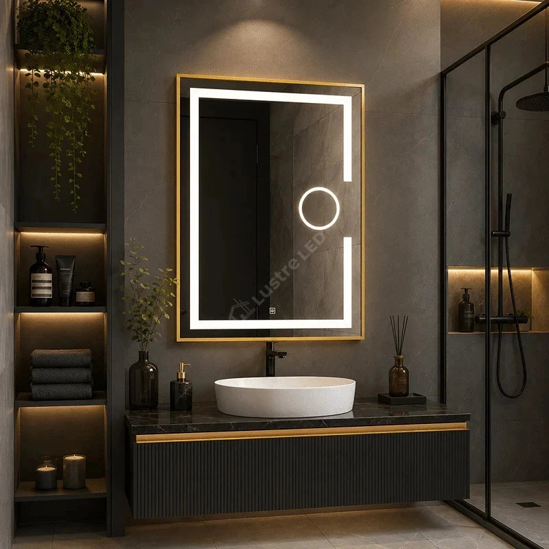 Oglinda LED Zygo Rectangle Gold 60x80CM 3 Lumini Dezaburire Lupa Cosmetica si Touch