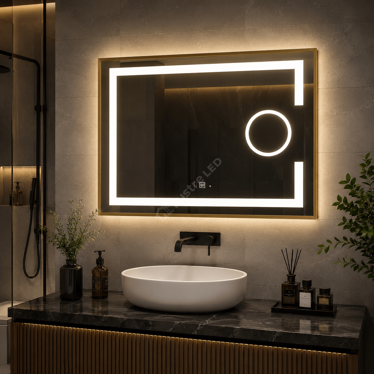 Oglinda LED Zygo Rectangle Gold 80x60CM 3 Lumini Dezaburire Lupa Cosmetica si Touch