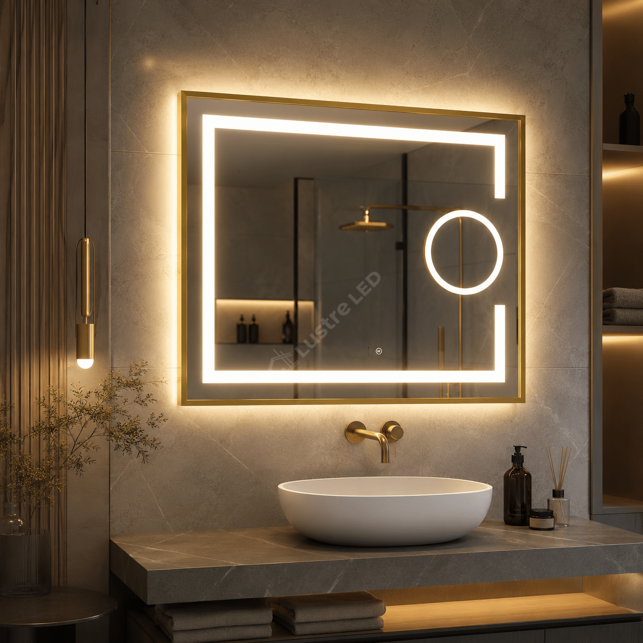 Oglinda LED Zygo Rectangle Gold 80x60CM 3 Lumini Dezaburire Lupa Cosmetica si Touch