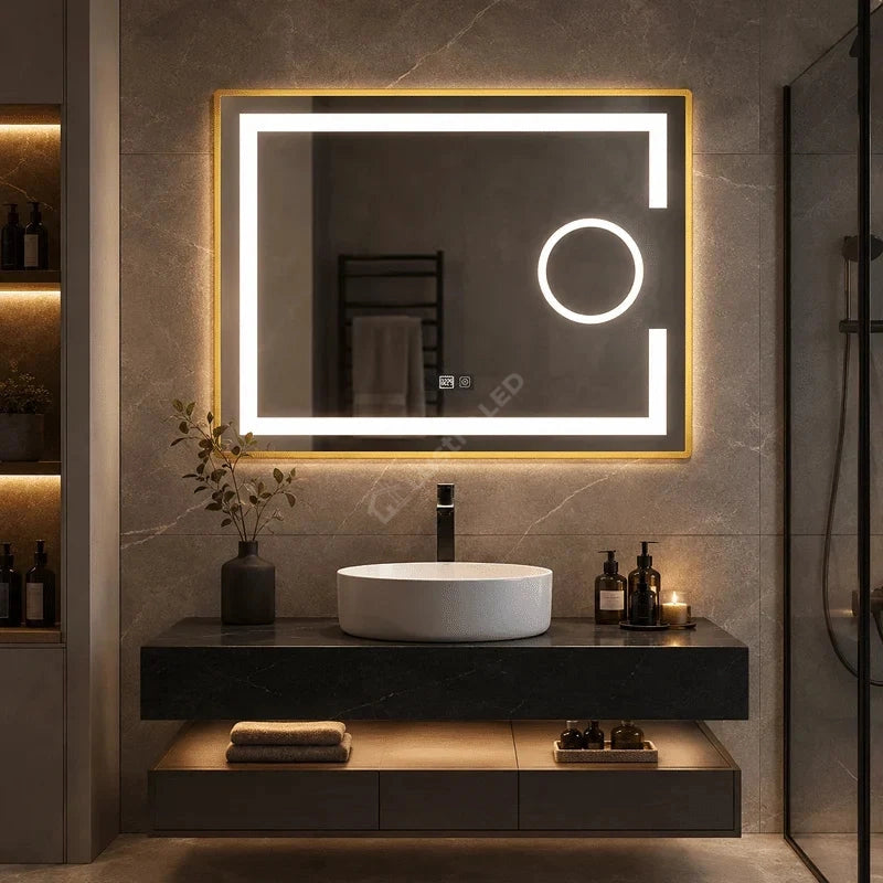 Oglinda LED Zygo Rectangle Gold 80x60CM 3 Lumini Dezaburire Lupa Cosmetica si Touch