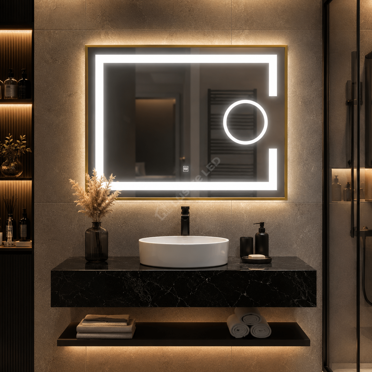 Oglinda LED Zygo Rectangle Gold 80x60CM 3 Lumini Dezaburire Lupa Cosmetica si Touch
