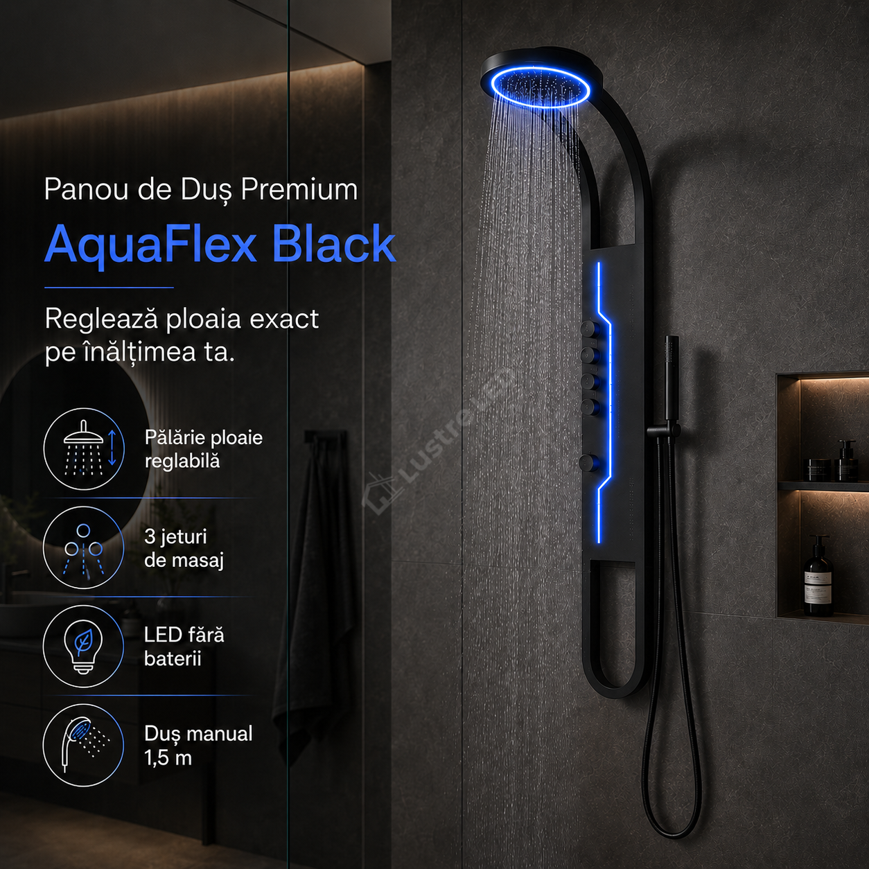 Panou de Dus Premium AquaFlex Black - Ploaie Reglabila, Masaj, LED