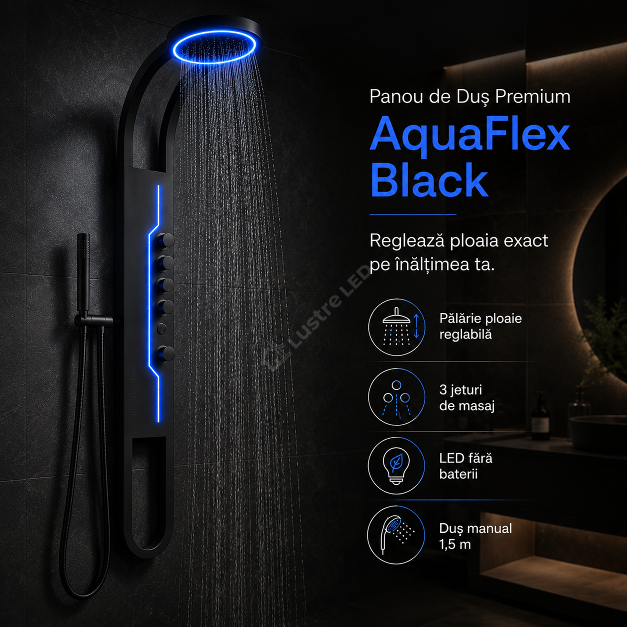 Panou de Dus Premium AquaFlex Black - Ploaie Reglabila, Masaj, LED