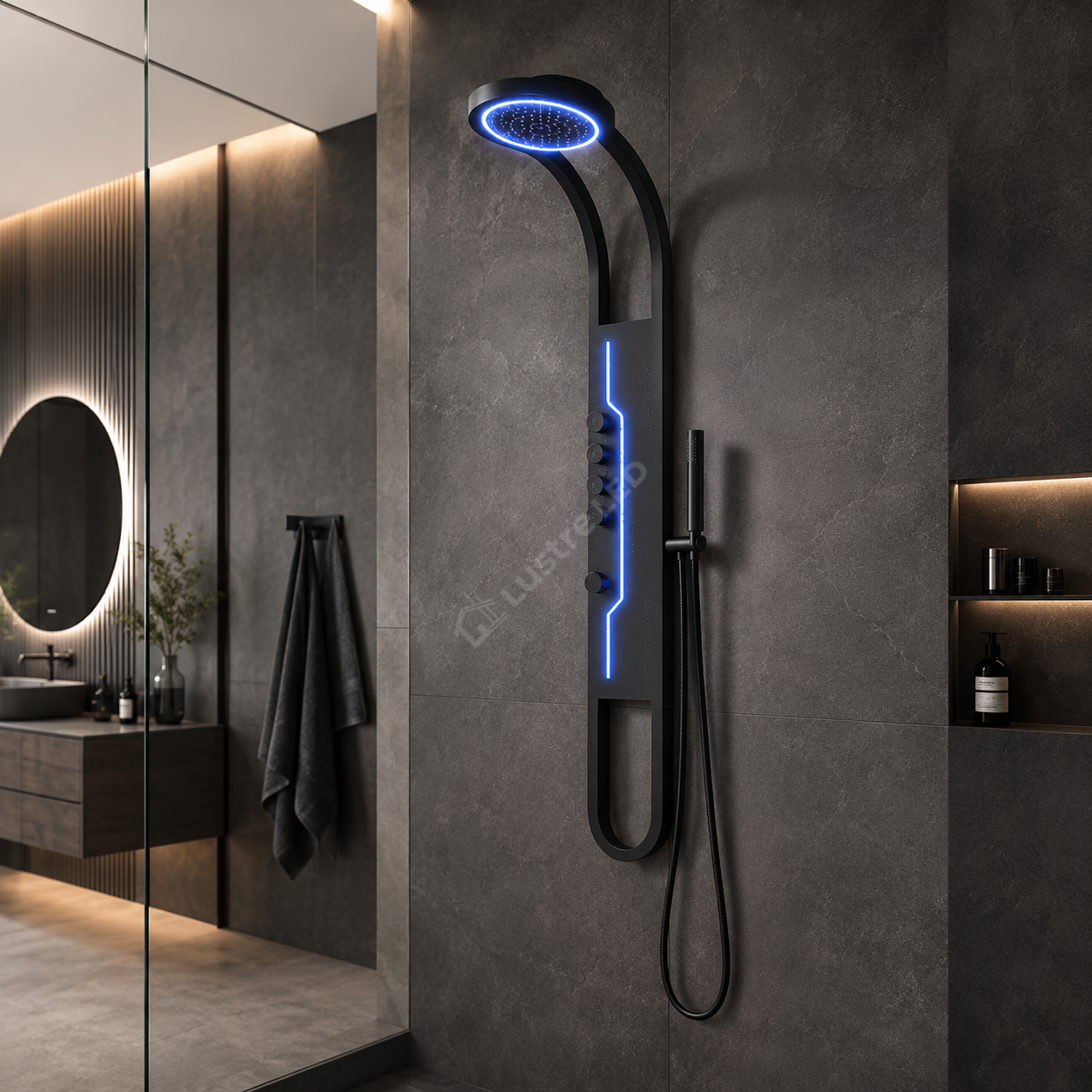Panou de Dus Premium AquaFlex Black - Ploaie Reglabila, Masaj, LED