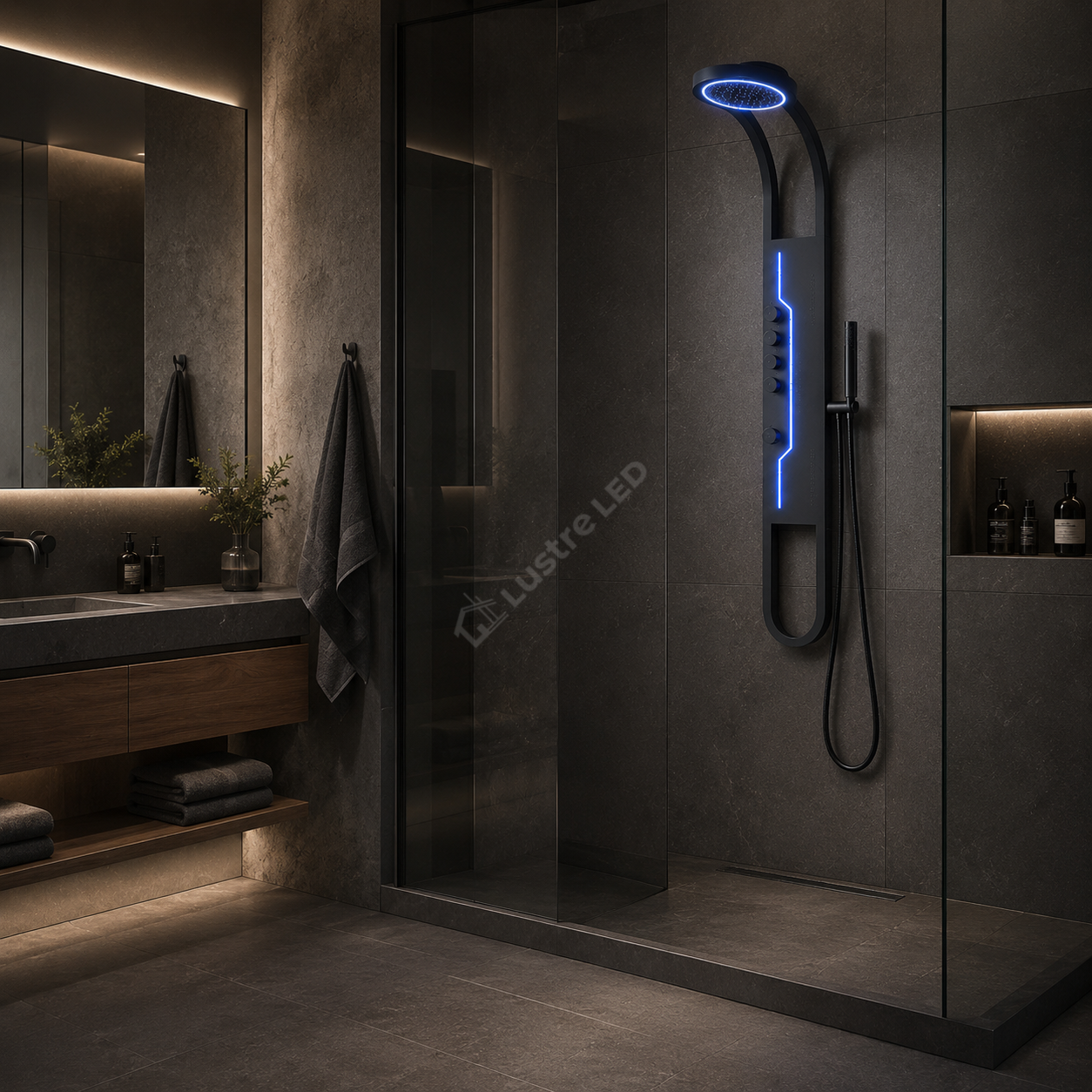 Panou de Dus Premium AquaFlex Black - Ploaie Reglabila, Masaj, LED