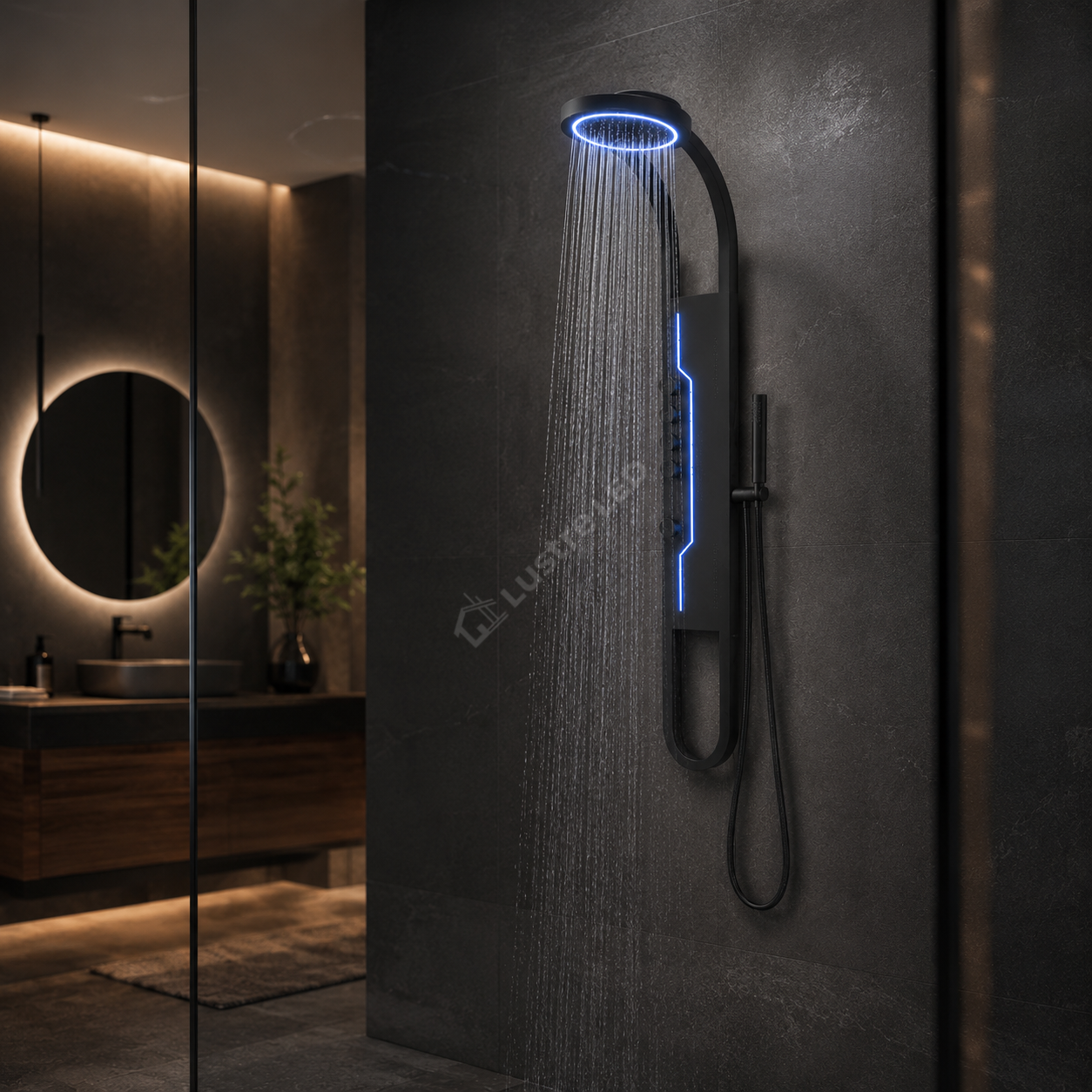 Panou de Dus Premium AquaFlex Black - Ploaie Reglabila, Masaj, LED