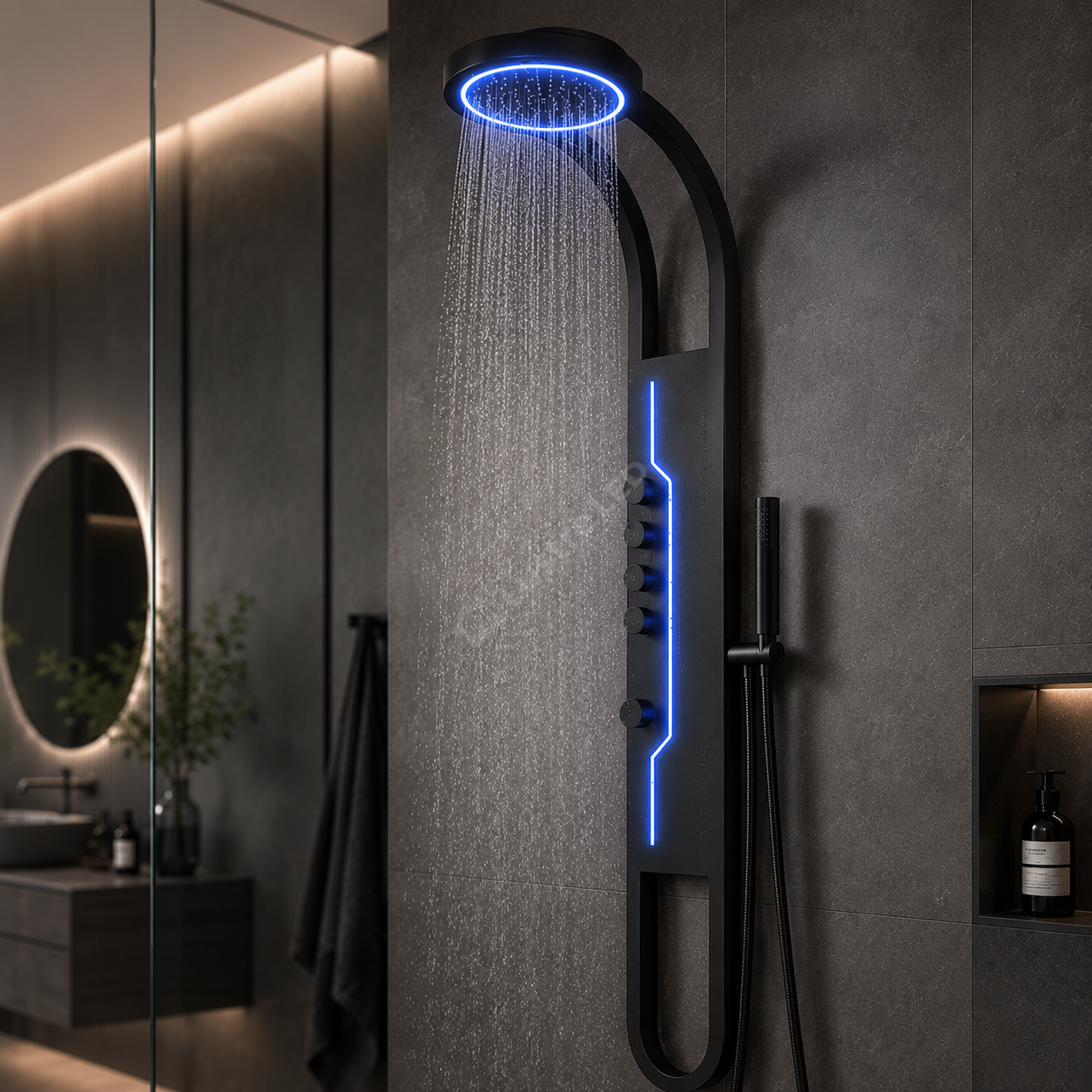 Panou de Dus Premium AquaFlex Black - Ploaie Reglabila, Masaj, LED