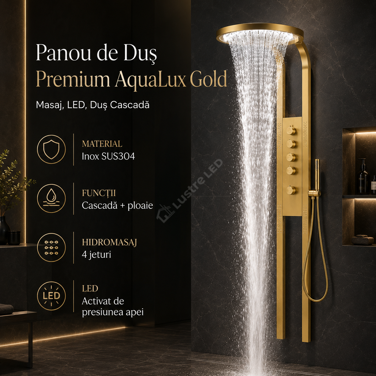 Panou de Dus Premium AquaLux Gold - Masaj, LED, Dus Cascada