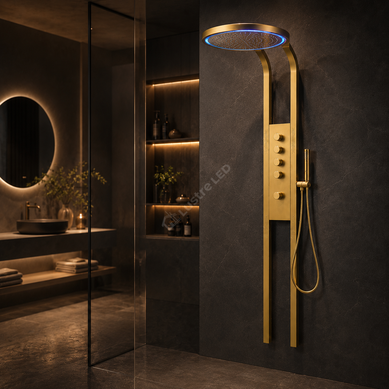 Panou de Dus Premium AquaLux Gold - Masaj, LED, Dus Cascada