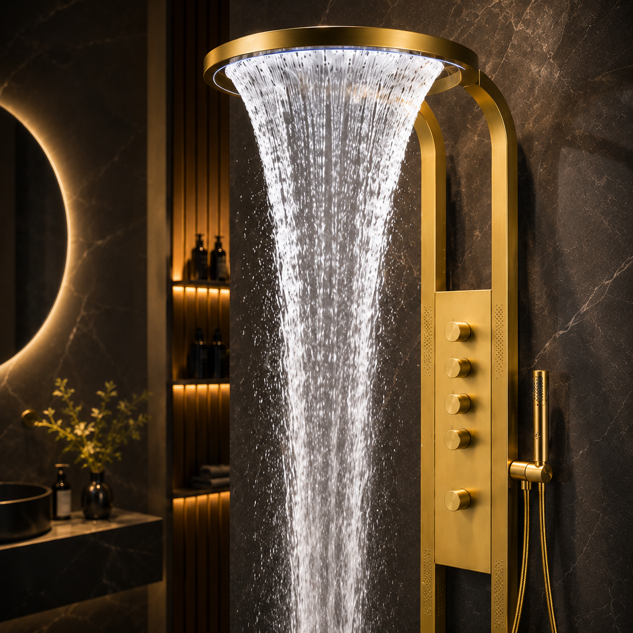 Panou de Dus Premium AquaLux Gold - Masaj, LED, Dus Cascada