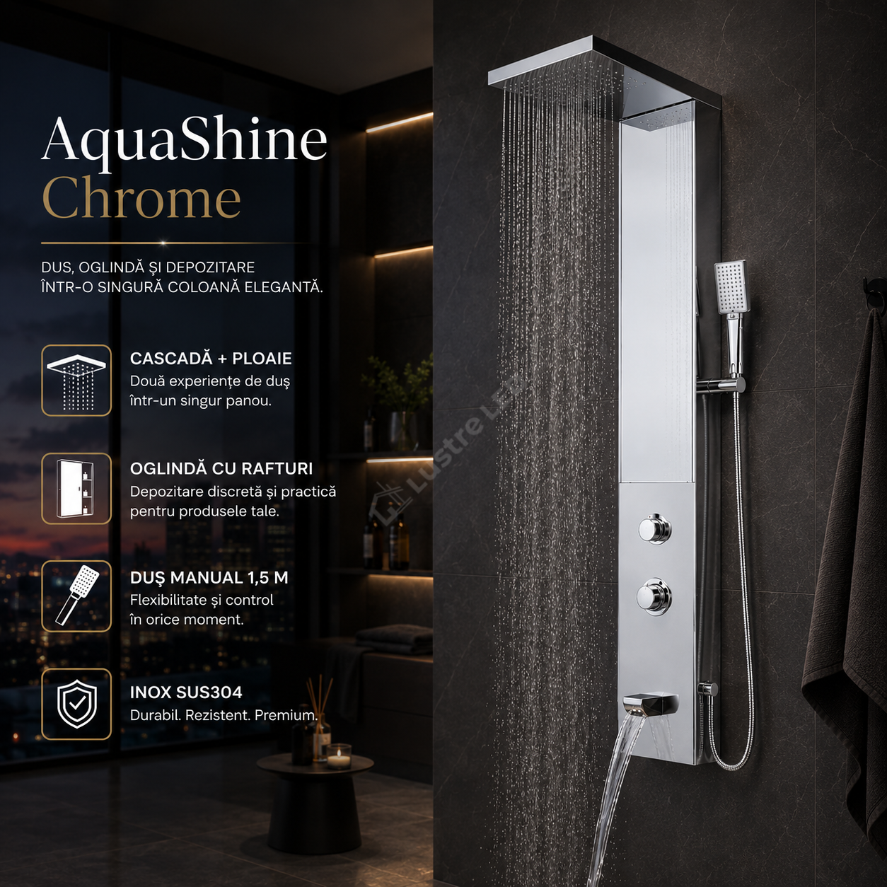 Panou de Dus Premium AquaShine Chrome - Cascada, Ploaie, Oglinda