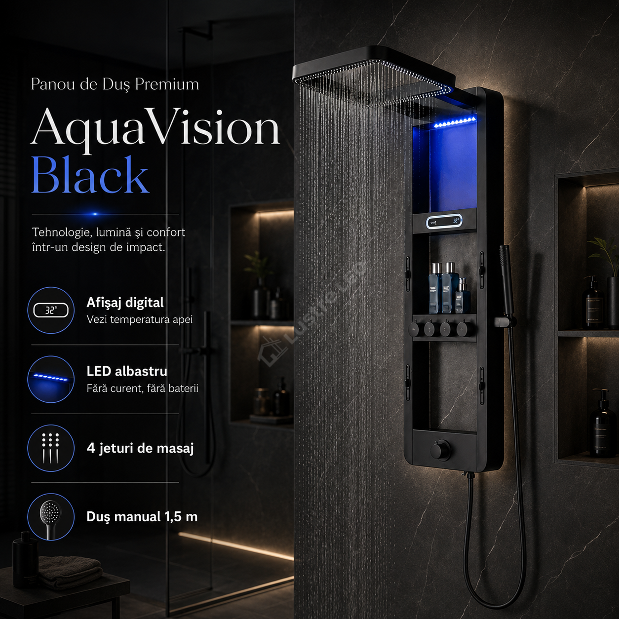 Panou de Dus Premium AquaVision Black - Afisaj Digital, LED, Hidromasaj