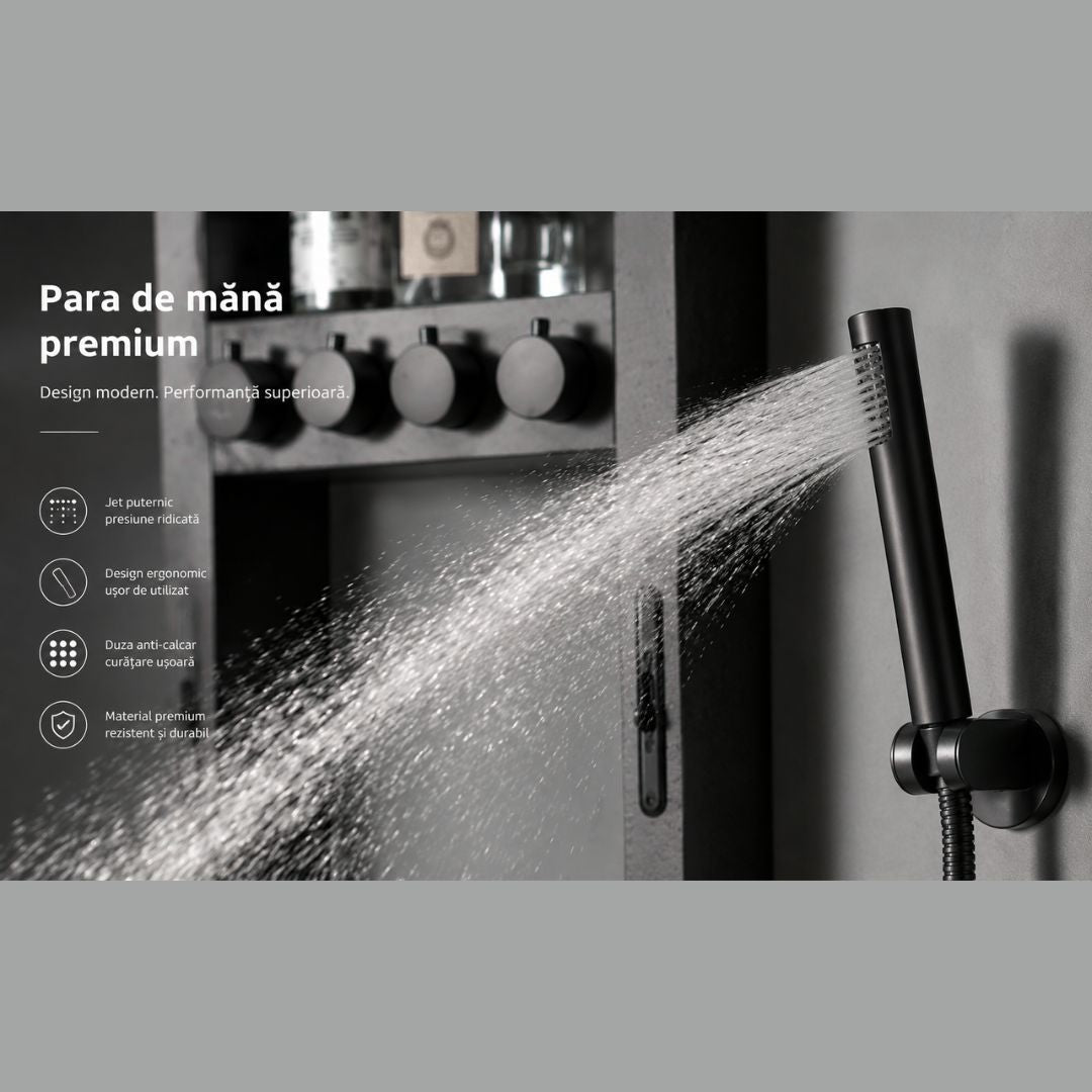 Panou de Dus Premium AquaVision Black - Afisaj Digital, LED, Hidromasaj