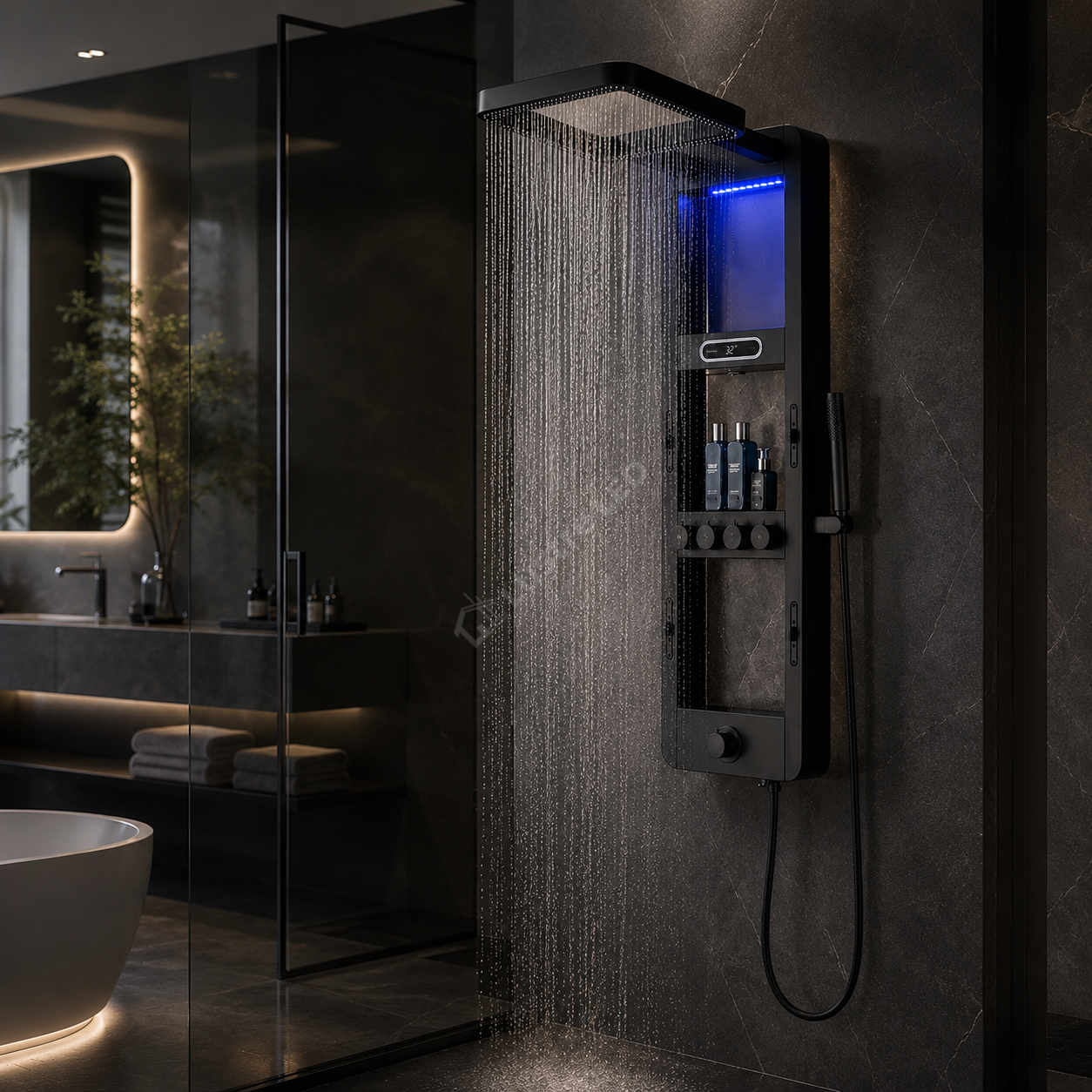 Panou de Dus Premium AquaVision Black - Afisaj Digital, LED, Hidromasaj