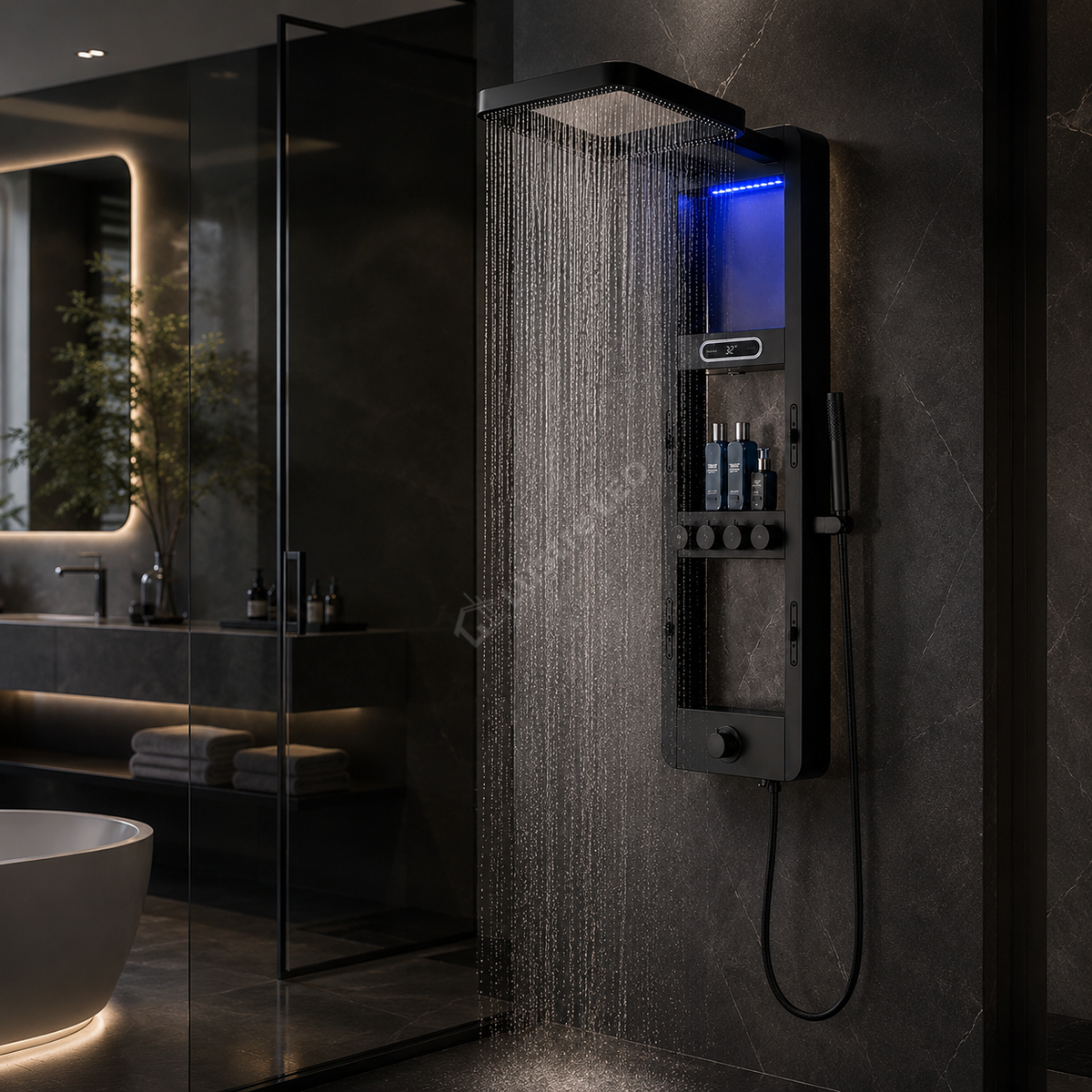Panou de Dus Premium AquaVision Black - Afisaj Digital, LED, Hidromasaj
