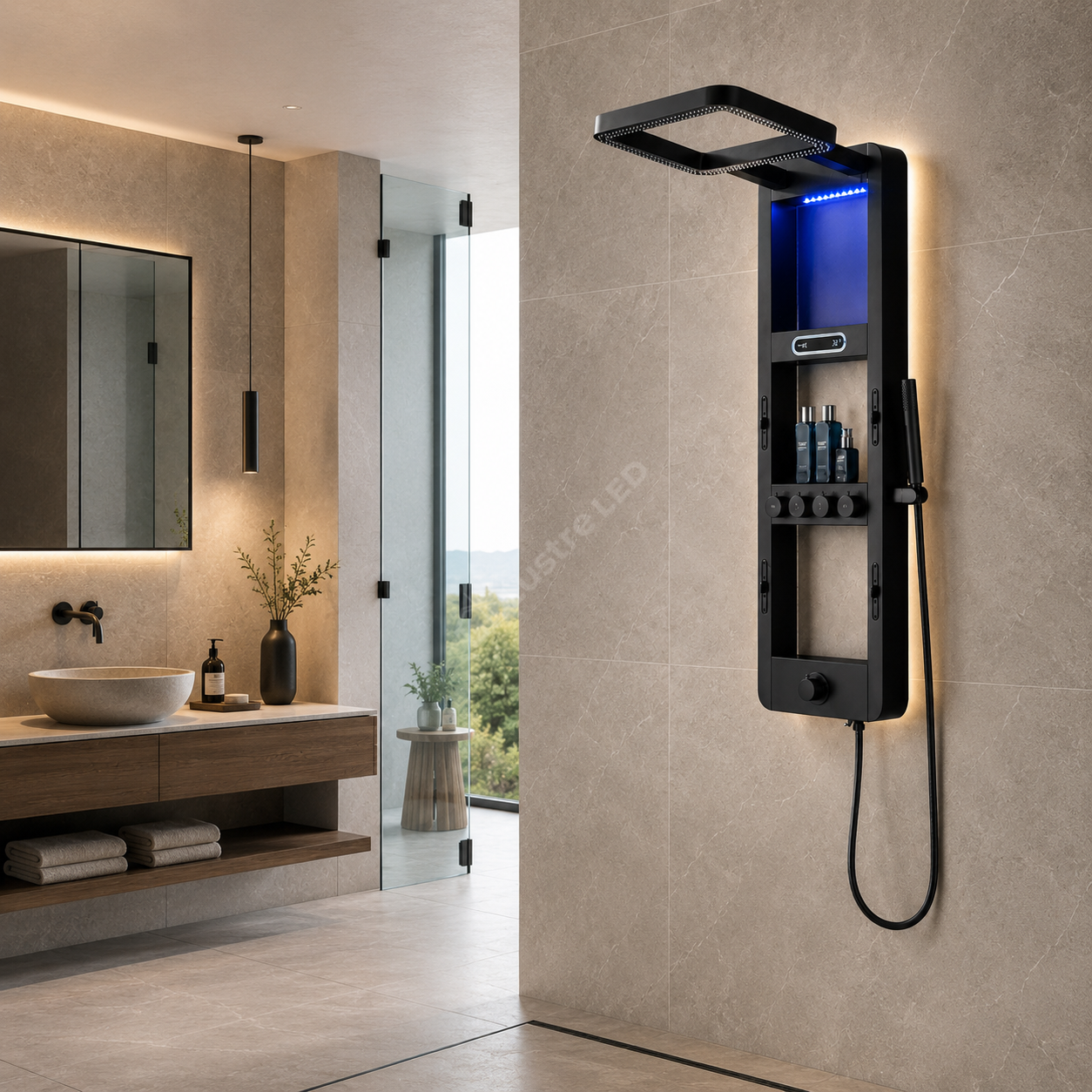 Panou de Dus Premium AquaVision Black - Afisaj Digital, LED, Hidromasaj