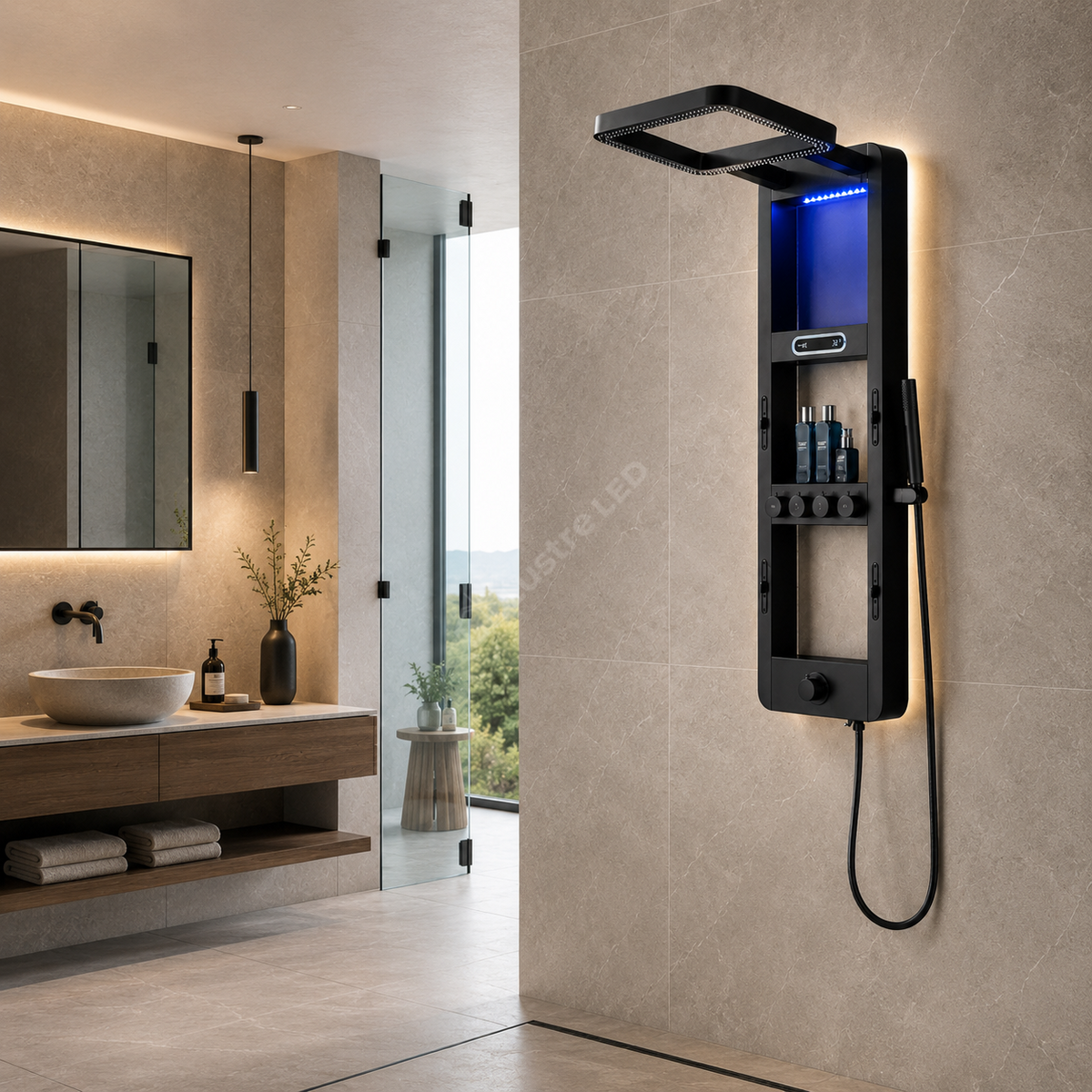 Panou de Dus Premium AquaVision Black - Afisaj Digital, LED, Hidromasaj