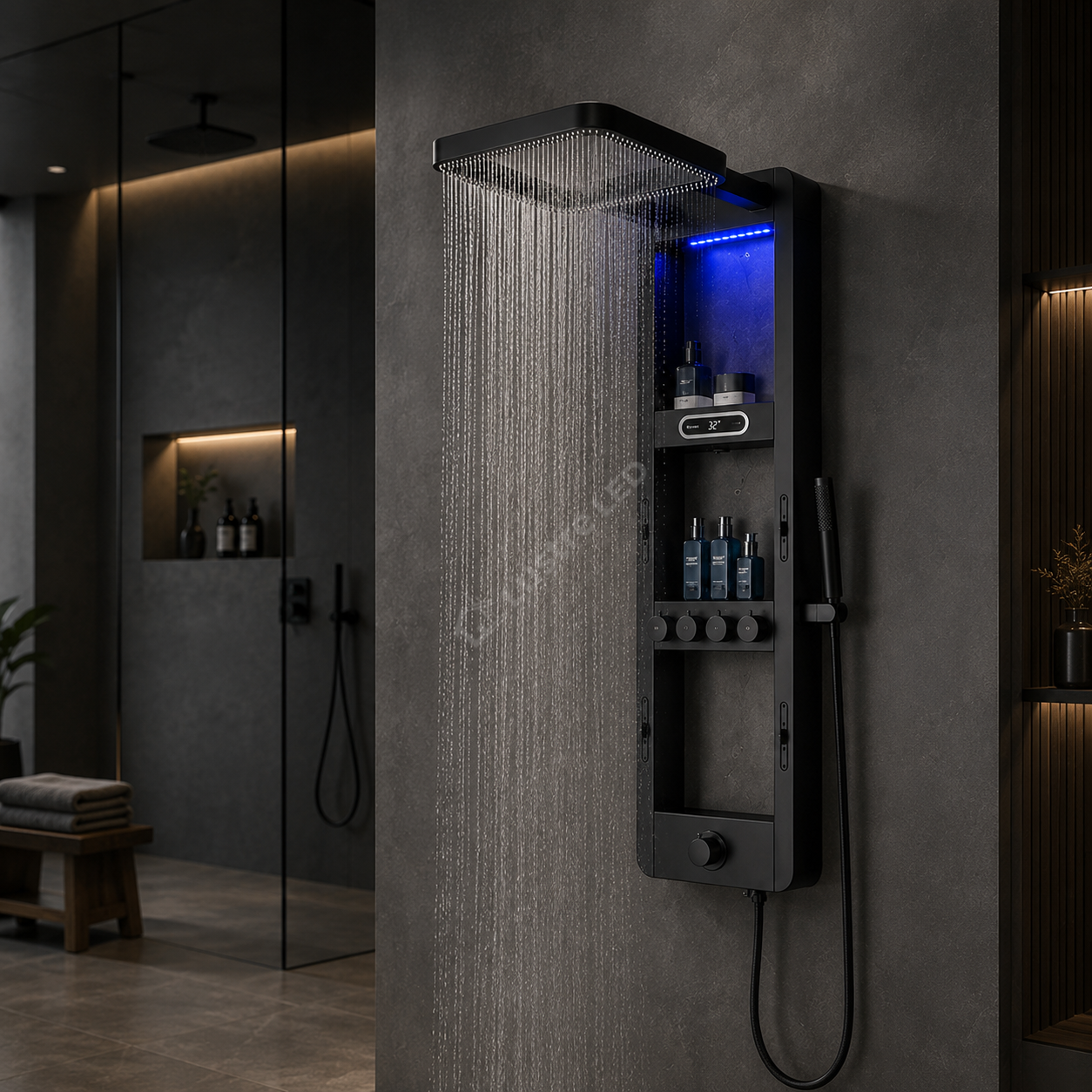 Panou de Dus Premium AquaVision Black - Afisaj Digital, LED, Hidromasaj