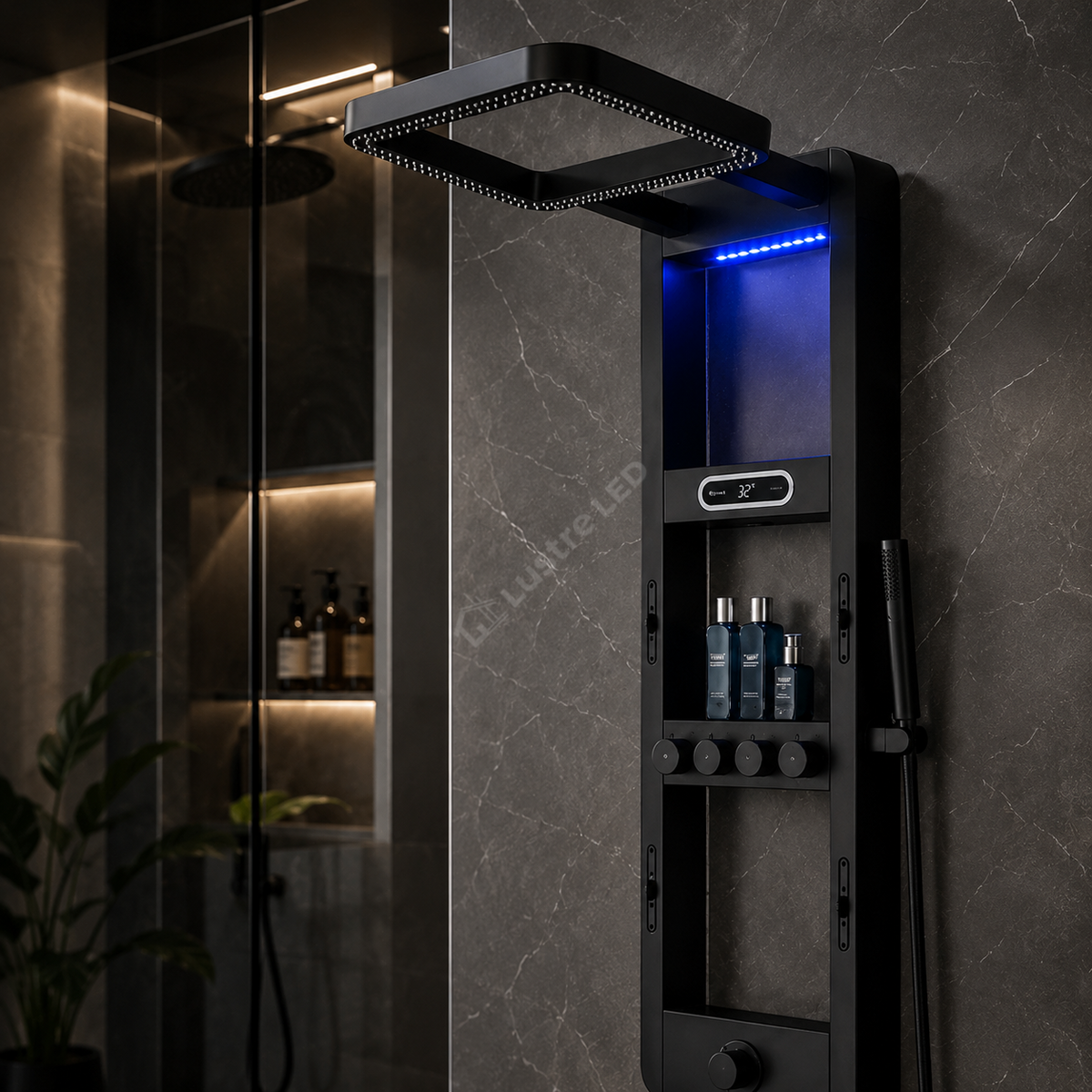 Panou de Dus Premium AquaVision Black - Afisaj Digital, LED, Hidromasaj