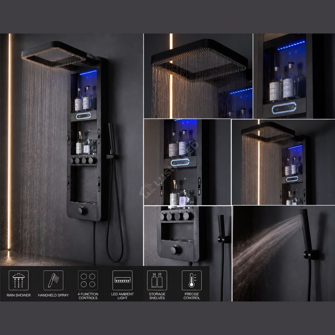 Panou de Dus Premium AquaVision Black - Afisaj Digital, LED, Hidromasaj