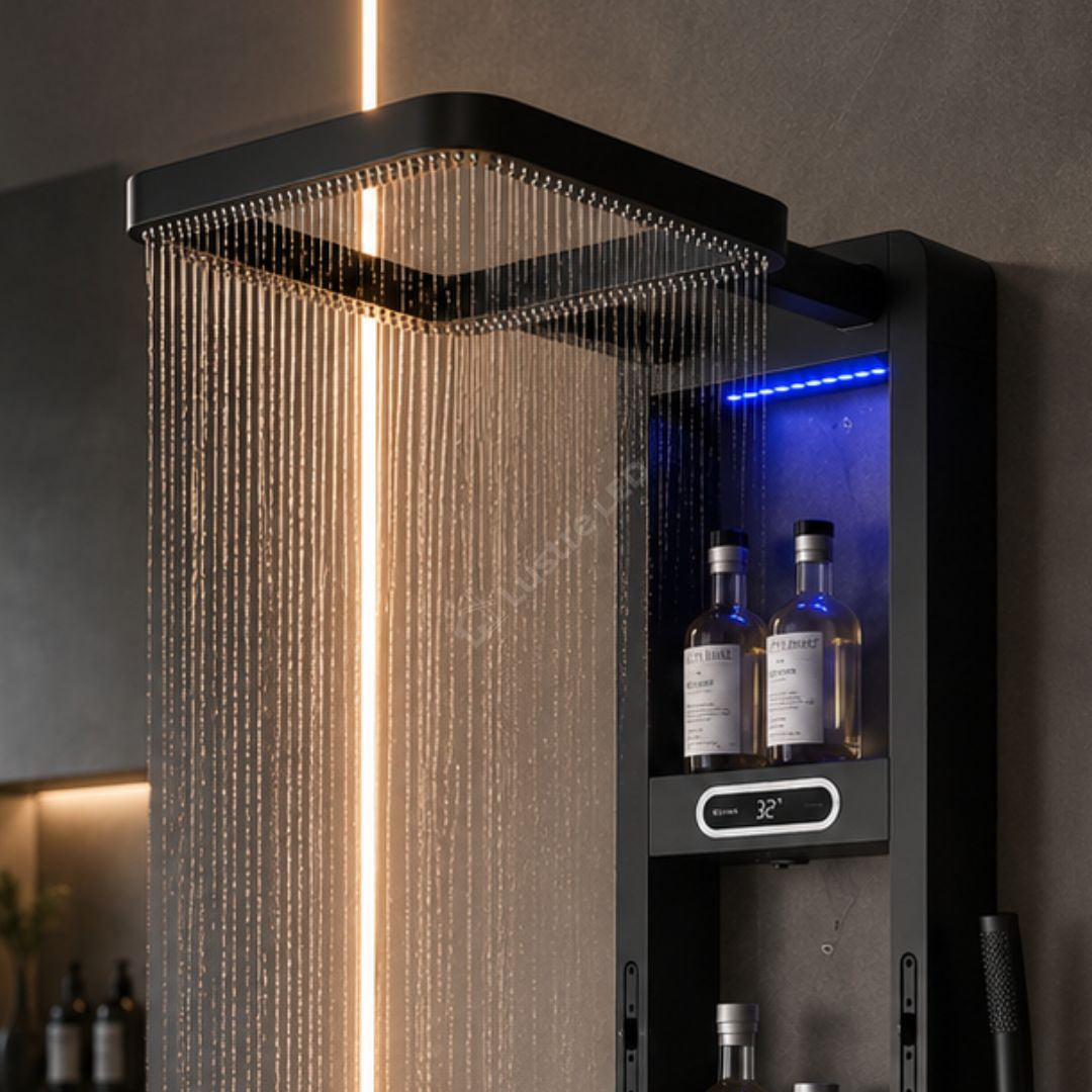 Panou de Dus Premium AquaVision Black - Afisaj Digital, LED, Hidromasaj
