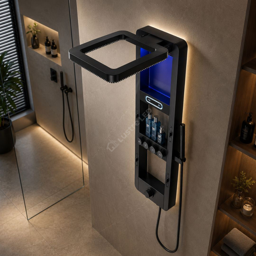 Panou de Dus Premium AquaVision Black - Afisaj Digital, LED, Hidromasaj