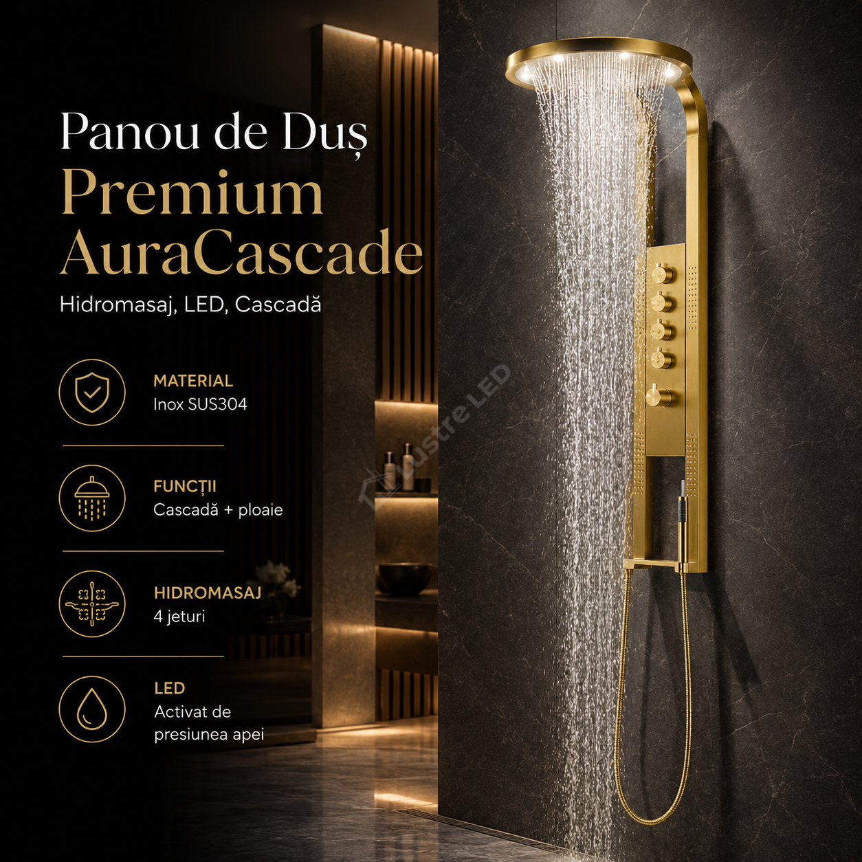 Panou de Dus Premium AuraCascade - Hidromasaj, LED, Cascada