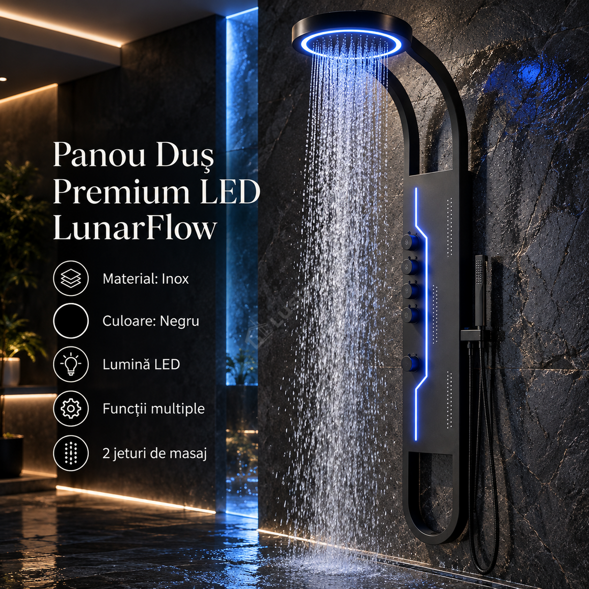 Panou de Dus Premium Black LunarFlow - LED, Masaj, 146CM