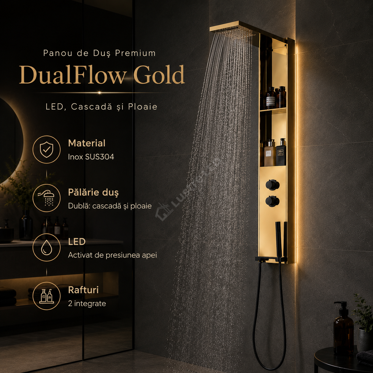 Panou de Dus Premium DualFlow Gold - LED, Cascada si Ploaie, Rafturi