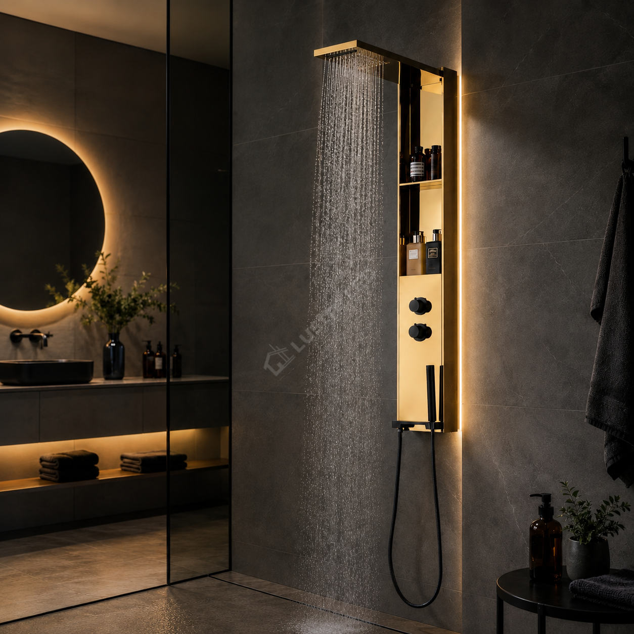 Panou de Dus Premium DualFlow Gold - LED, Cascada si Ploaie, Rafturi