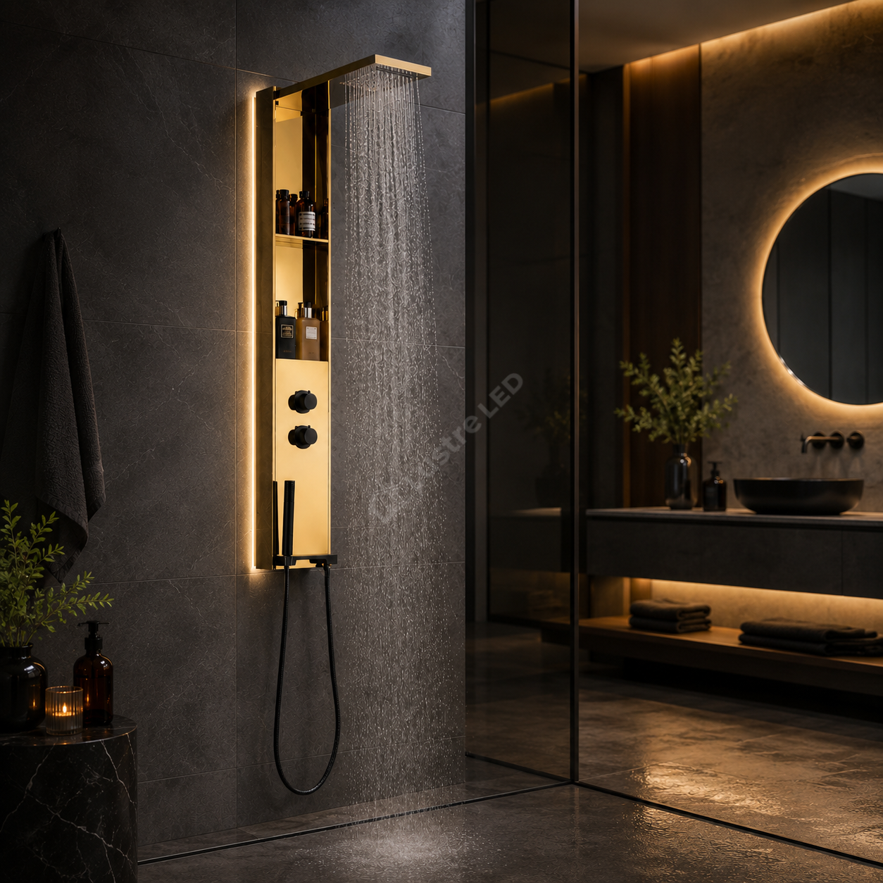 Panou de Dus Premium DualFlow Gold - LED, Cascada si Ploaie, Rafturi