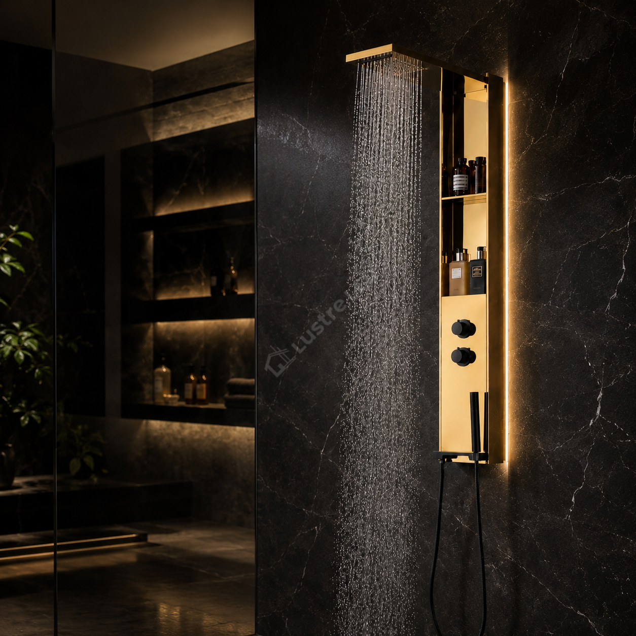Panou de Dus Premium DualFlow Gold - LED, Cascada si Ploaie, Rafturi