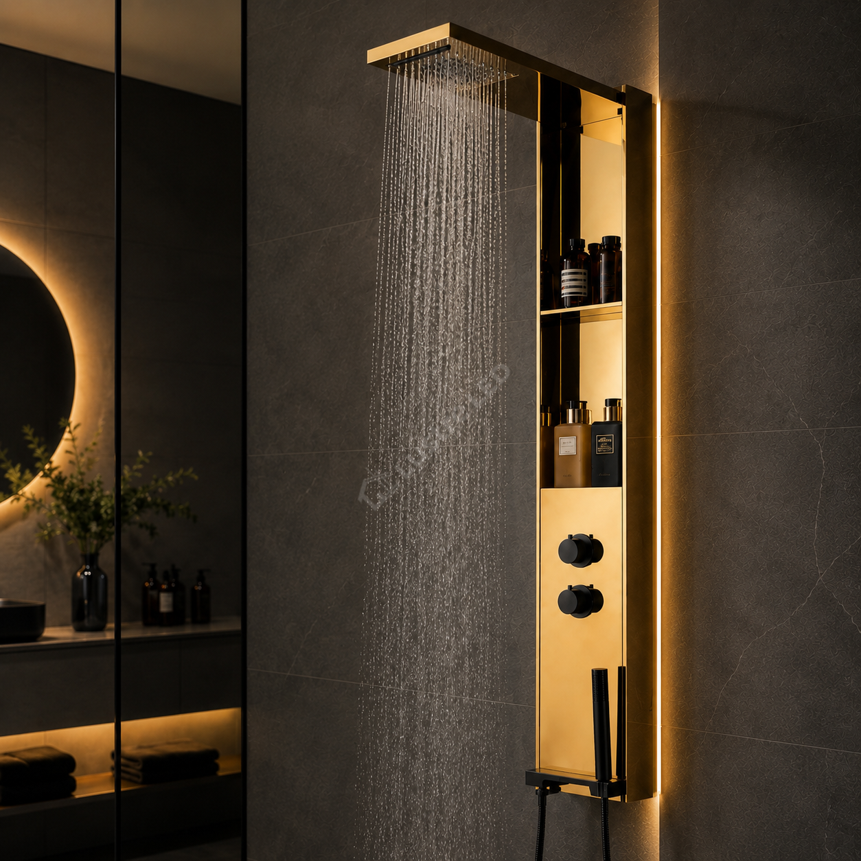 Panou de Dus Premium DualFlow Gold - LED, Cascada si Ploaie, Rafturi
