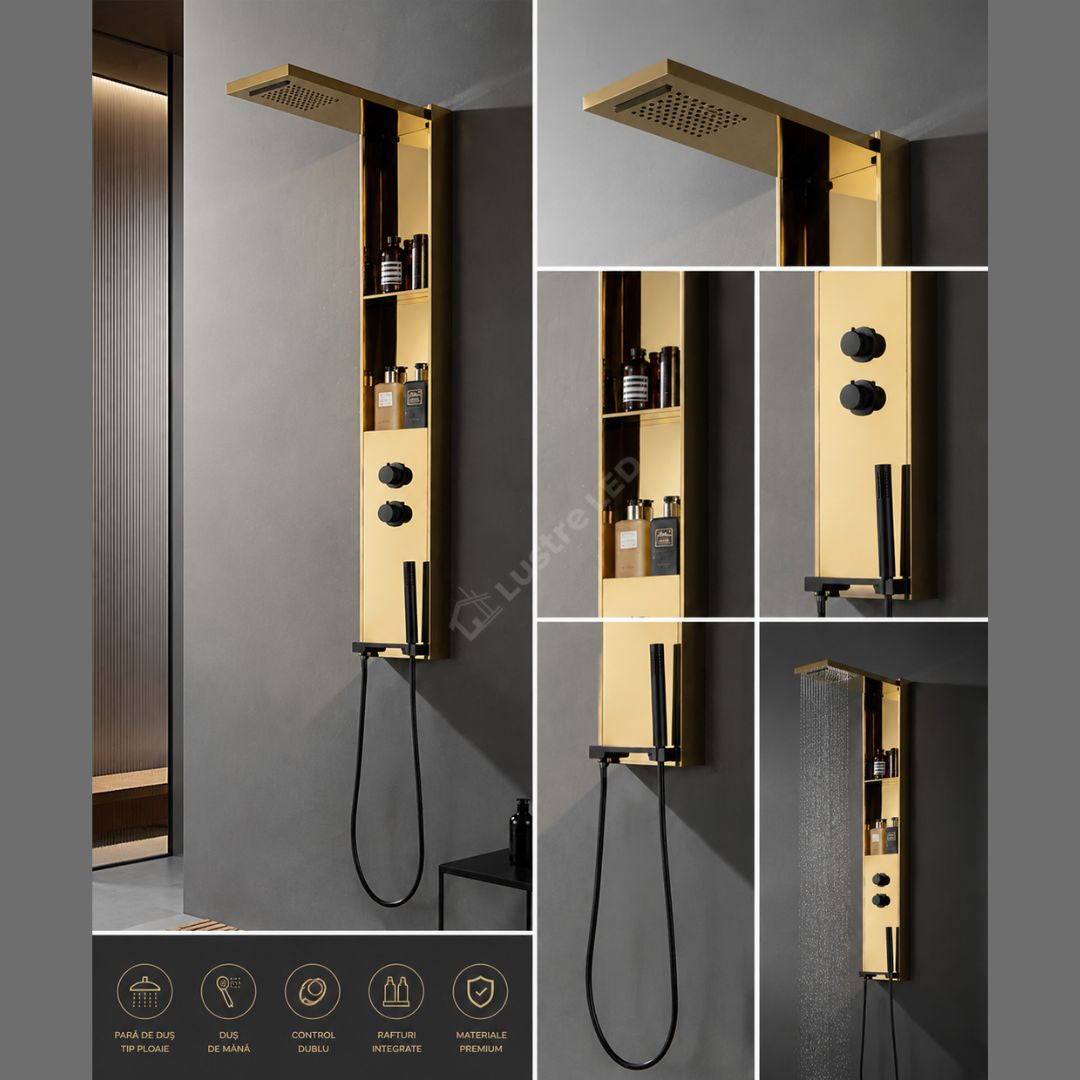 Panou de Dus Premium DualFlow Gold - LED, Cascada si Ploaie, Rafturi