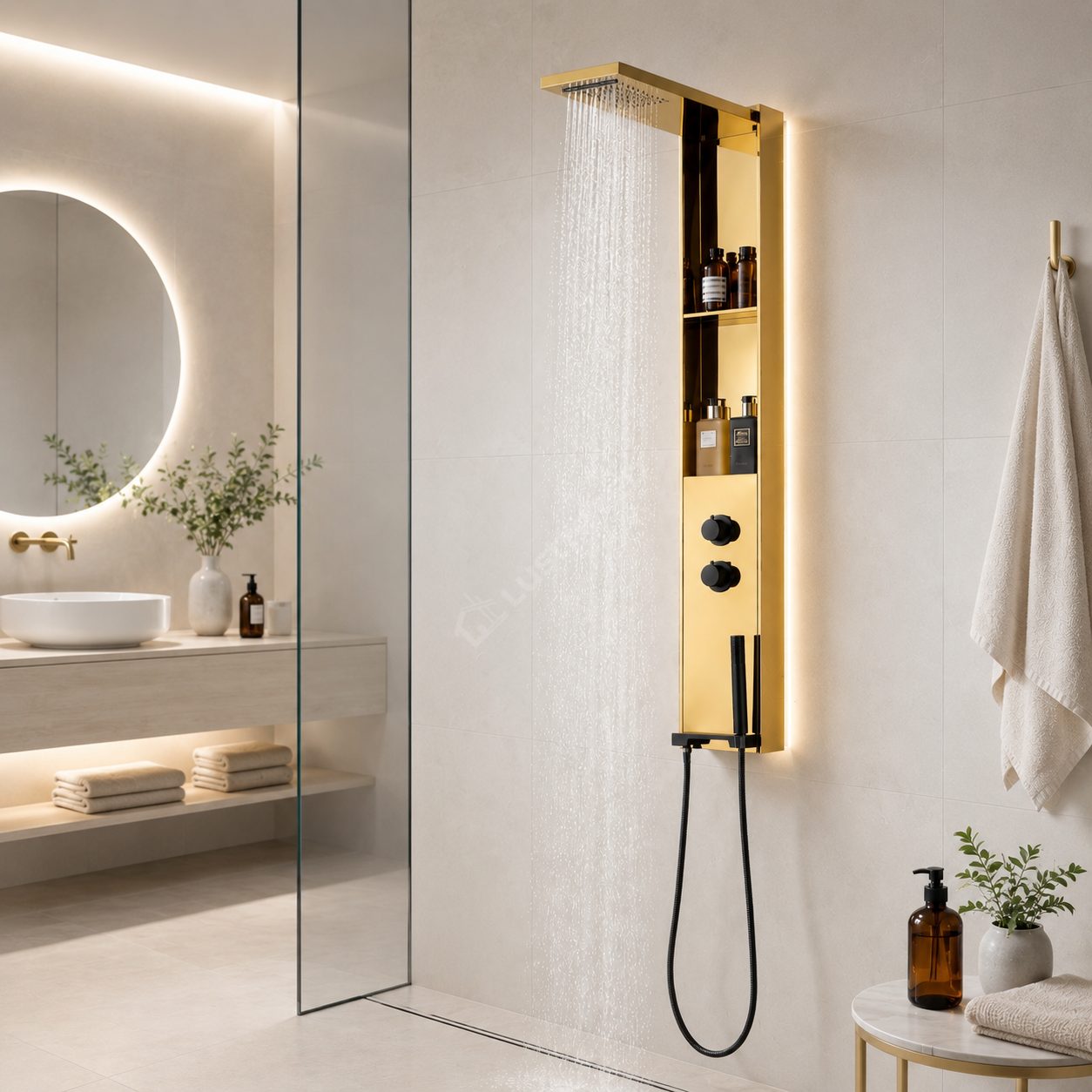 Panou de Dus Premium DualFlow Gold - LED, Cascada si Ploaie, Rafturi