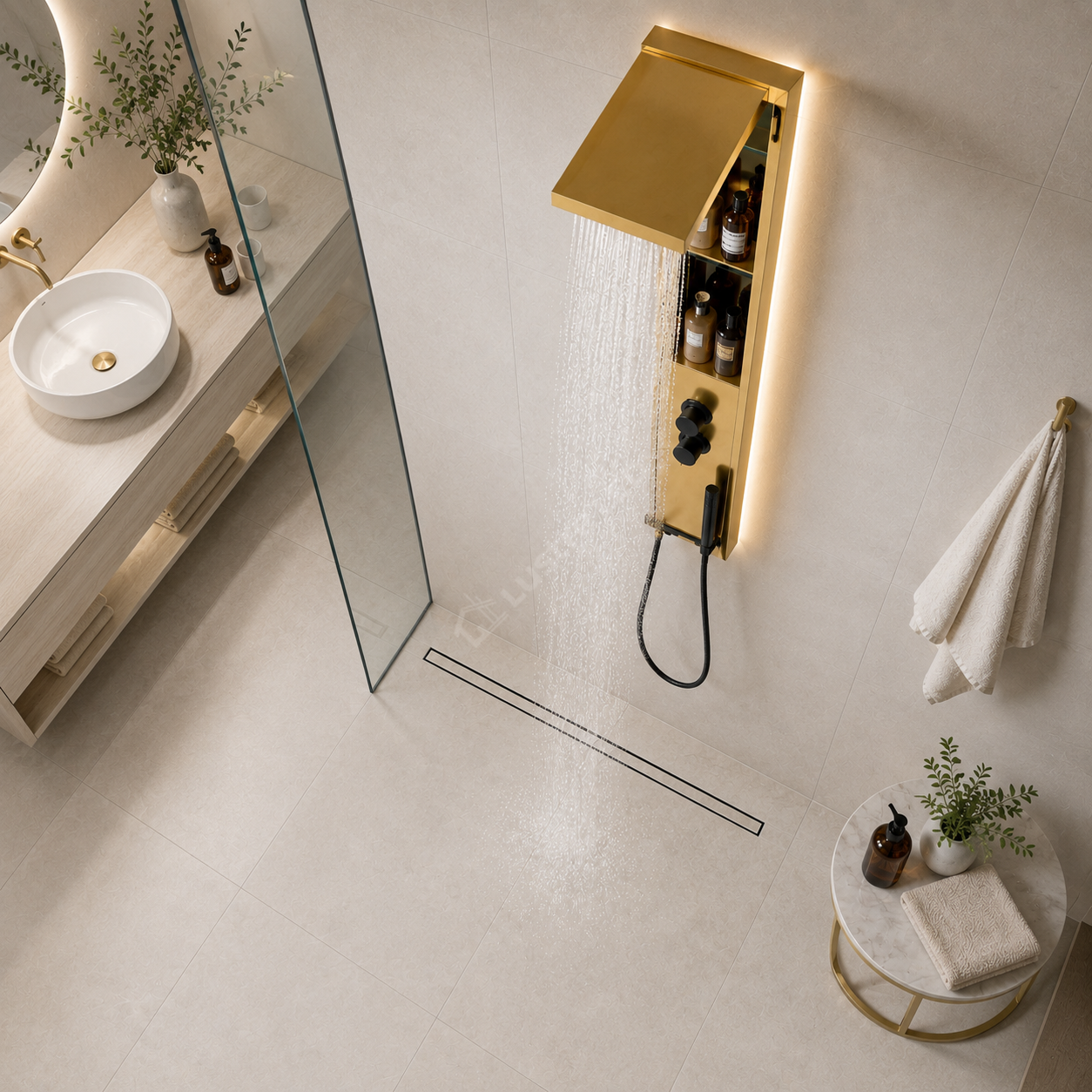 Panou de Dus Premium DualFlow Gold - LED, Cascada si Ploaie, Rafturi