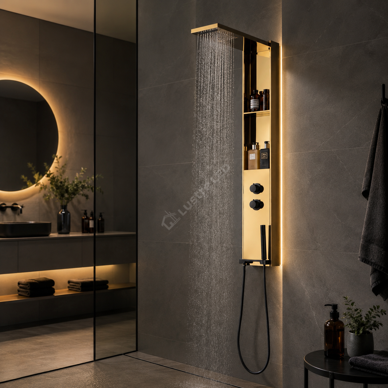 Panou de Dus Premium DualFlow Gold - LED, Cascada si Ploaie, Rafturi