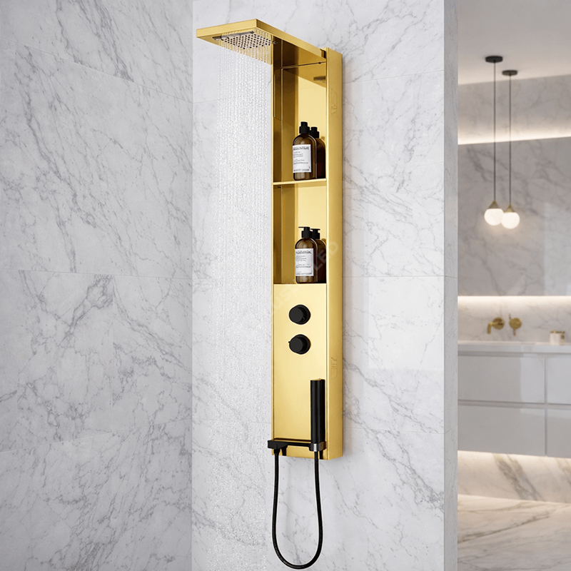 Panou de Dus Premium DualFlow Gold - LED, Cascada si Ploaie, Rafturi